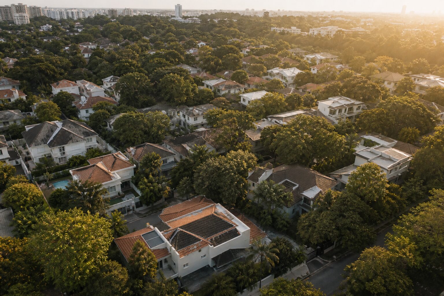 Aerial view of a low-rise Singapore residential estate at golden hour