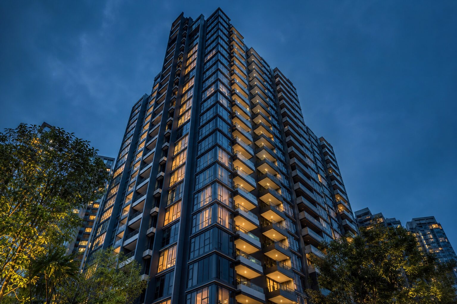 Newly completed Singapore condominium tower at blue hour